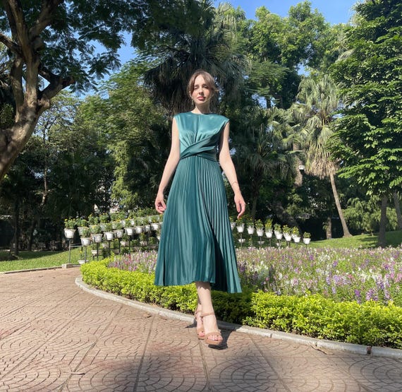Pleated Wedding Guest Midi Dress - Crew Neckline Dress - Sleeveless A line Midi Dress