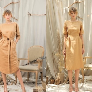 Boat Neck Linen Dress - Linen Midi Dress - Half Sleeves Linen Mid Calf Length Dress - Simple Linen Dress