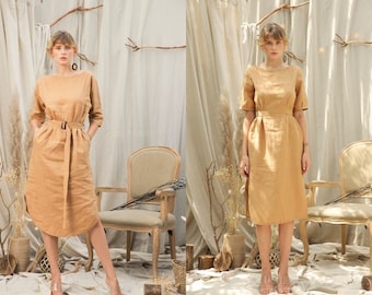 Boat Neck Linen Dress - Linen Midi Dress - Half Sleeves Linen Mid Calf Length Dress - Simple Linen Dress