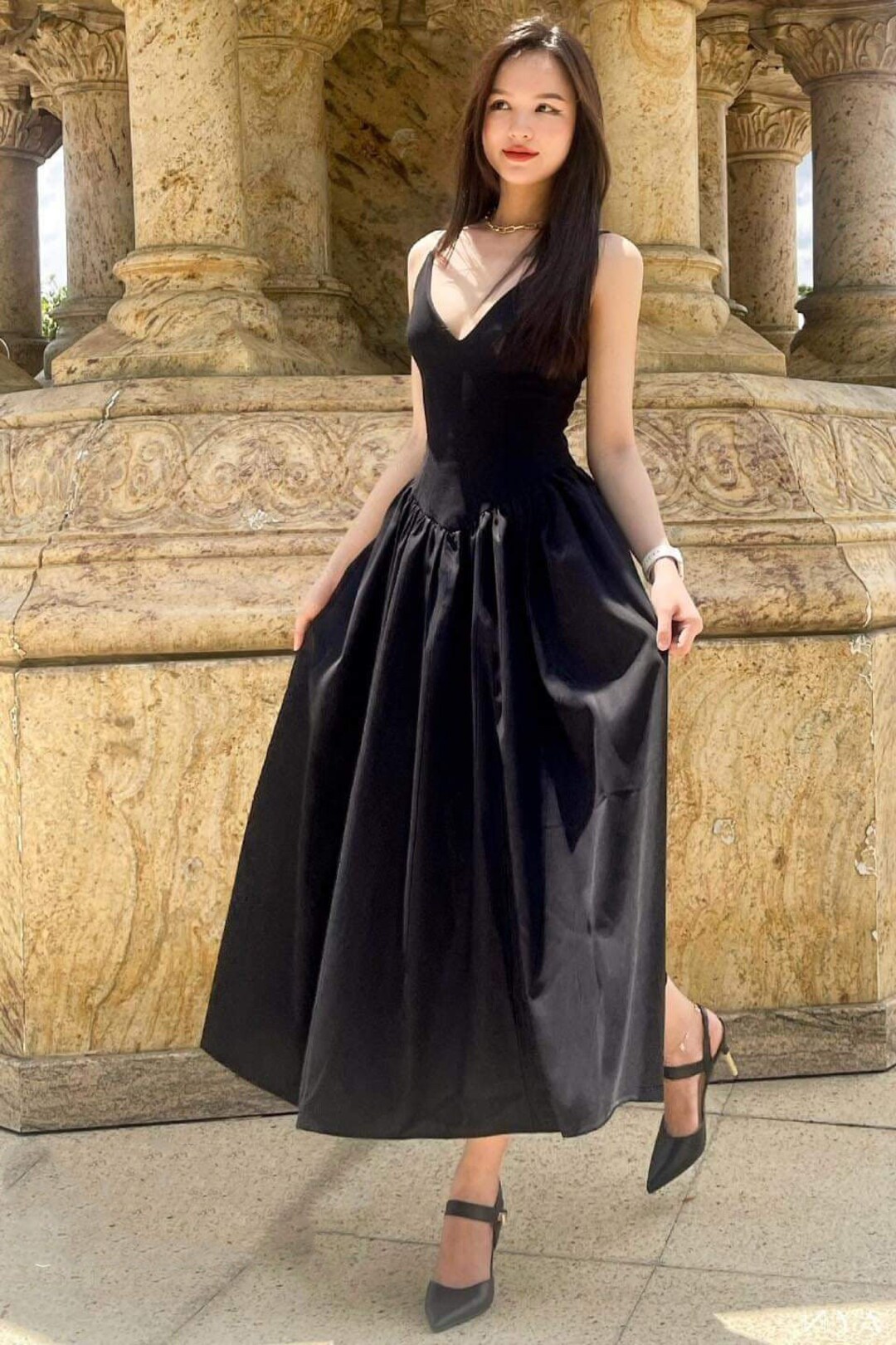 Wedding Guest A Line Silk Dress V Neck Silk Dress High Waist Maxi