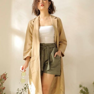 Linen Short with Detachable Tie and Back Elastic Waist - Women Summer Shorts in Moss Color