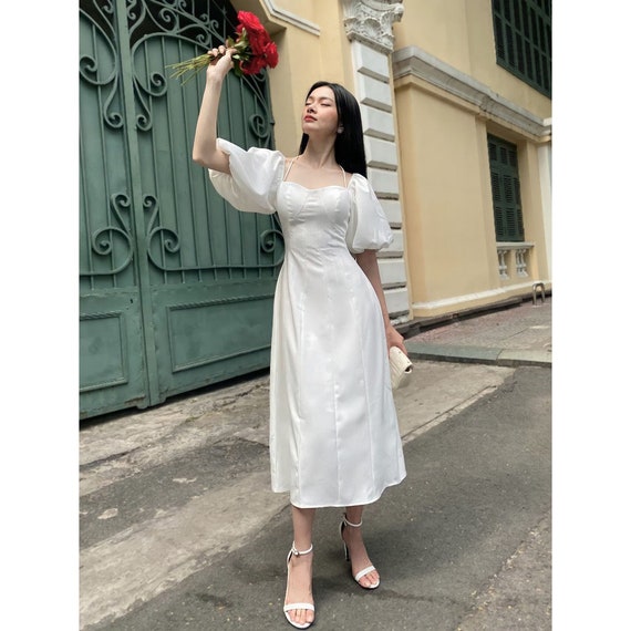 Puff Sleeve Silk Dress Wedding Guest 