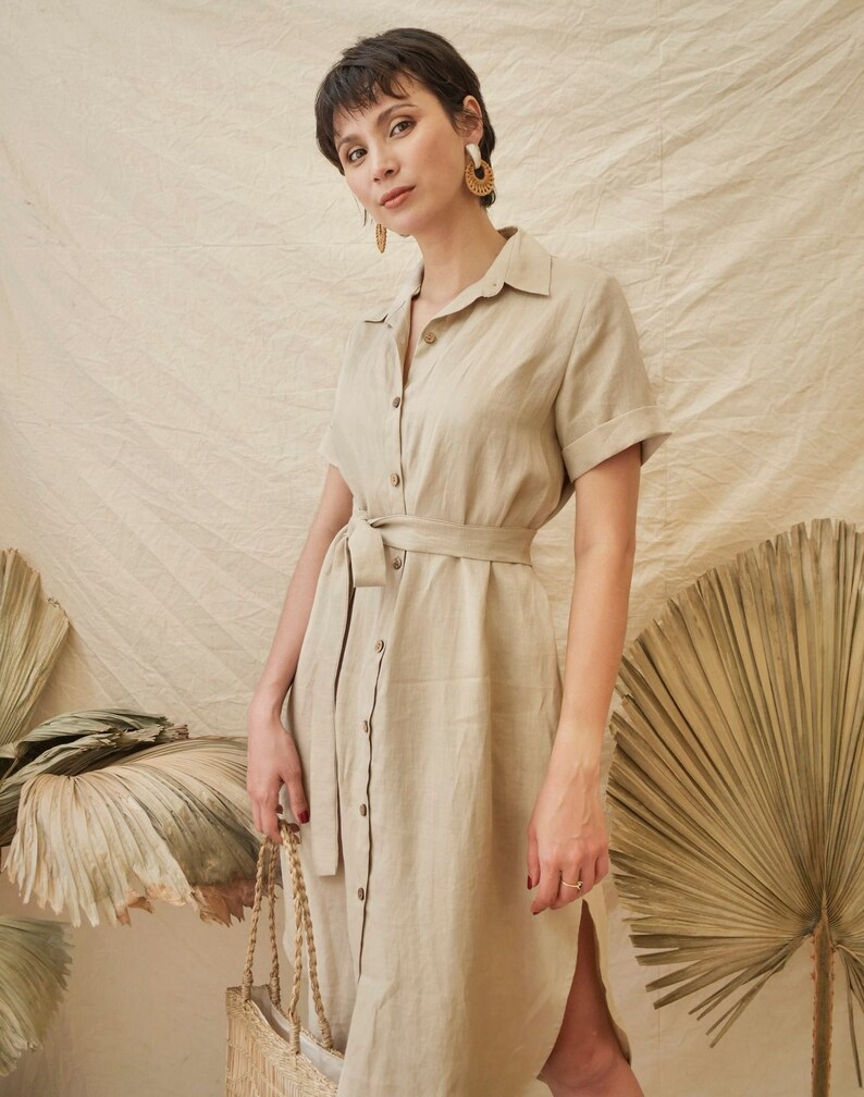 Linen Dress with Detachable Tie Front Buttons Dress Linen Shirt Dress Linen Midi Dress