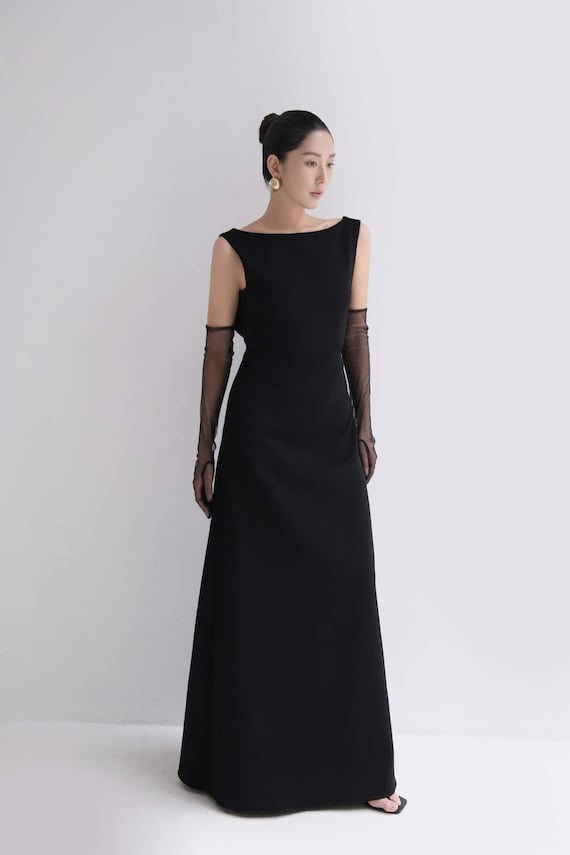 Boat Neck Silk Maxi Dress with Cowl Back, Long Sleeve Wedding Guest Dress, Bridesmaid Long Dresses Boat Neck Silk Maxi Dress with Cowl Back, Long Sleeve Wedding Guest Dress, Bridesmaid Long Dresses