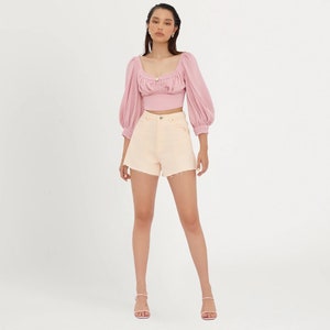 Linen Crop Top - Scoop Neckline Linen Top - Peasant Sleeve Crop Top for Women