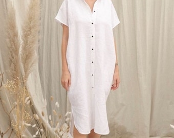 Linen Shirt Dress with Contrast Color Buttons, Notched Lapel and Wide Cuffs