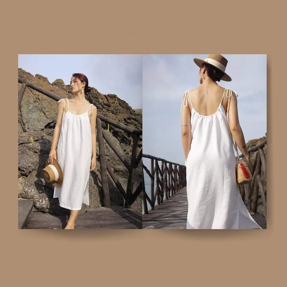 chinese dress ladies Women's Linen Maxi Dress White