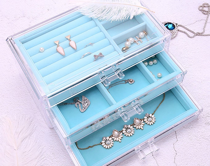 Free shipping Acrylic Jewelry Box 3 Drawers,Velvet Jewellery Organizer,Earring Rings Necklaces Bracelets Display Case Gift for Women,Girls