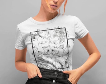 Minimalistic floral print tee, botanical design shirt, ultra soft feel, perfect as a gift for her or him, unisex fit, multiple colors in!