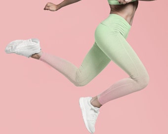 Women's pastel leggings, all over ombre print, multicolored yoga leggings for her, pastel green to blush gradient