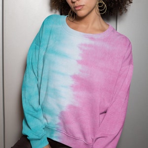 Pink and blue tie dye all over print sweater, pastel design matching set and cozy cotton feel for him or her, unisex fit
