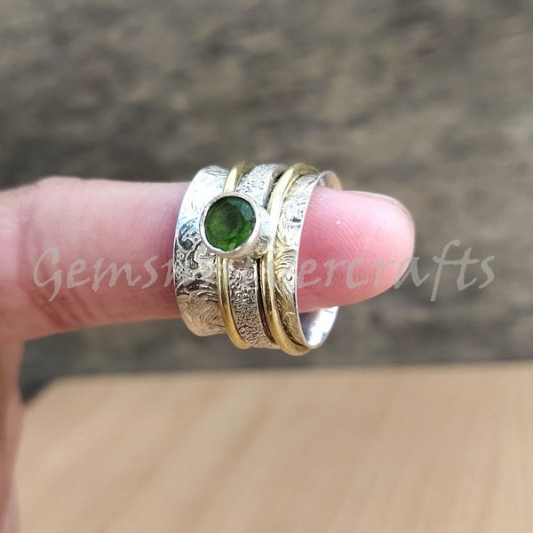 Natural Peridot Ring! 925 Sterling Silver Ring! Peridot Gemstone Ring! Spinner Rings For Women! Two Tone Ring! Multi Spins Ring! Gift Ring