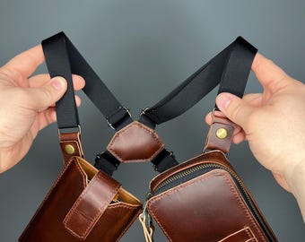 レザーデュアルフォンホルスターブラックレザーホルスターバッグ