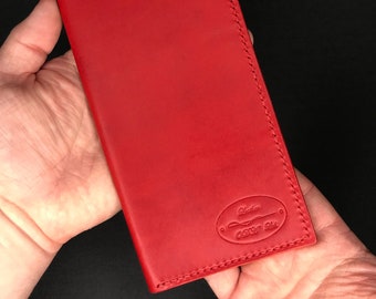Women's long wallet, thin leather wallet for women, for cash and cards, red Italian vegetable tanned leather Buttero