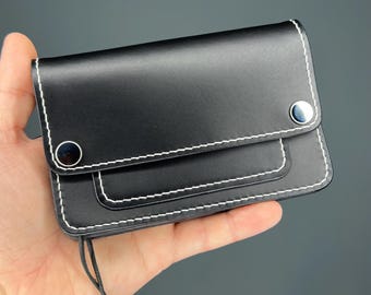Leather Biker Wallet with Chain Ring, Handmade Mini Trucker Wallet