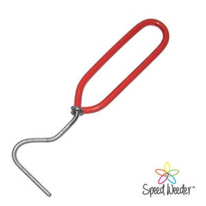 May include: A red-handled weeding tool with a curved metal end. The handle is a bright red, looped shape, connected to a silver-coloured metal hook. The tool is designed for gardening and weed removal.