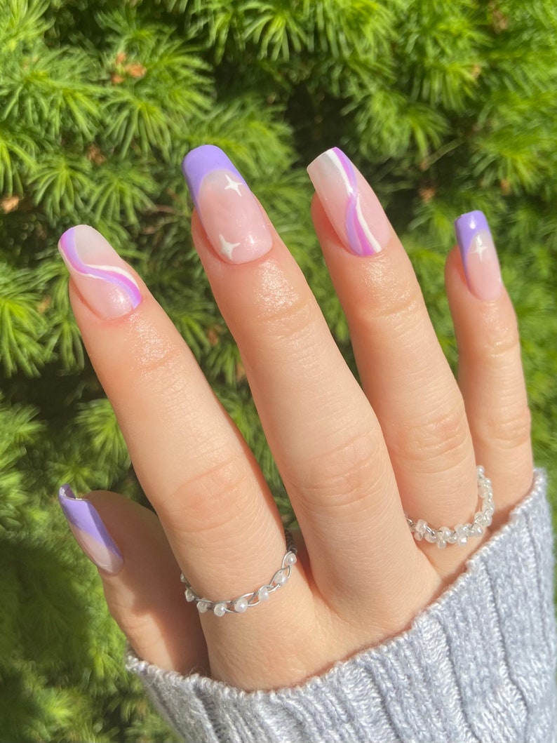 Custom Pastel Purple French Tip Swirl Press on Nails l Free Etsy