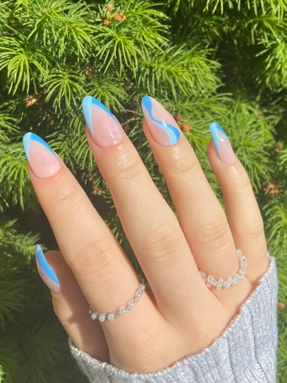 Custom Blue V French Tip Swirl Press On Nails L Free Glue L Etsy Canada