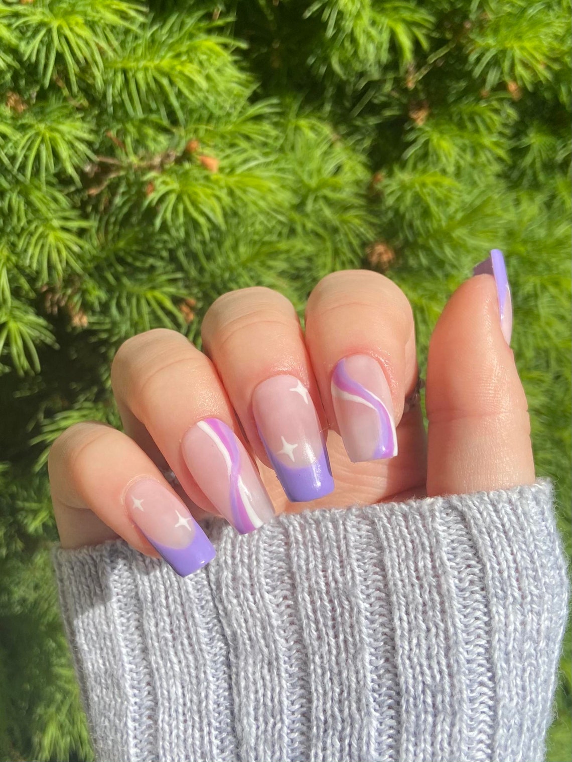 Custom Pastel Purple French Tip Swirl Press On Nails L Free Etsy