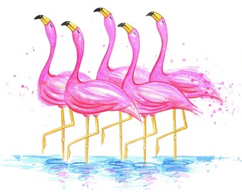 Gift for kids, Pink flamingos print for children, bird picture, signed print, mounted print, children's wall art, children's book art