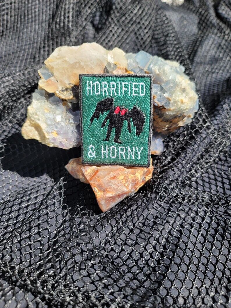 May include: Green embroidered patch with a black creature with red eyes and wings. The text "HORRIFIED & HORNY" is written in white.