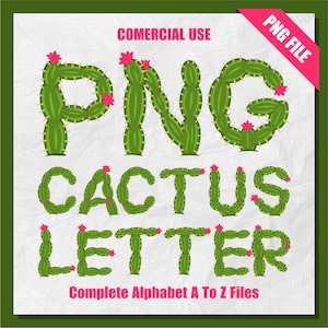 Imágenes prediseñadas de cactus, cactus PNG, alfabeto de cactus, letra de cactus, imágenes prediseñadas del alfabeto PNG, sublimación, imágenes prediseñadas de letras, uso comercial, conjunto alfa PNG