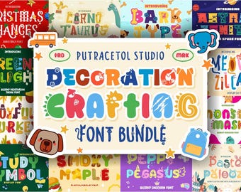 May include: A collection of 10 colourful, playful fonts with various themes, including Christmas, animals, and nature. The fonts are displayed in a collage with a title that reads "Decoration Crafting Font Bundle".