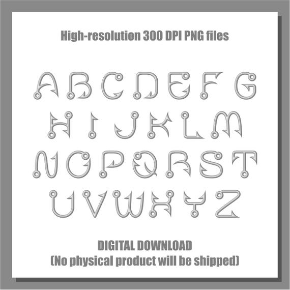 Fish Hook Alphabet Clipart: PNG Alpha Set for Sublimation (Commercial Use)