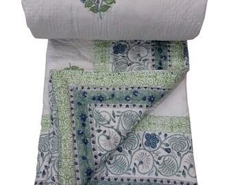 Indian Kantha Quilt, Reversible Cotton Comforter, Hand Block Print