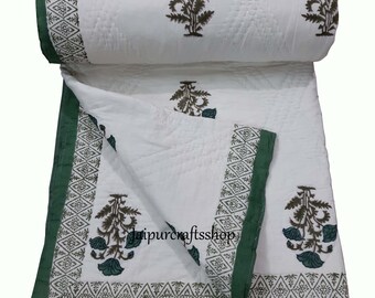 Reversible Kantha Quilt, Indian Hand Block Print Cotton Comforter (88x106 Inches)