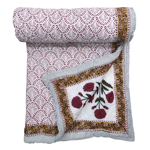 Indian Hand Block Print Cotton Quilts Kantha Floral Quilt, Indian Queen King Size Handmade Reversible Jaipuri Throw Floral Blanket