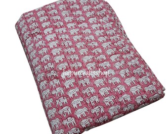 Pink Elephant Hand Block Print Quilt, Indian Cotton Kantha Jaipur Quilt Throw Blanket Handmade Block Printed Quilt Queen Size Bed Cover