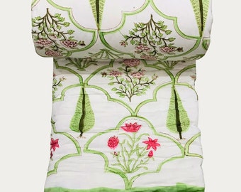 Handmade Green Hand Block Print Cotton Kantha Quilt