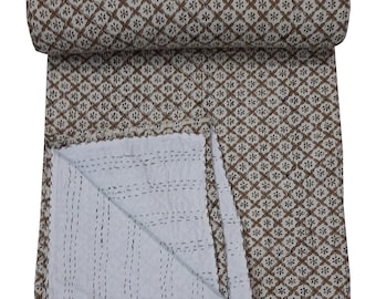 Hand Block Print Kantha Quilt, Cotton Kantha Bed Cover, Indian Kantha Quilt, Queen Kantha Bedspread, Handmade Kantha Coverlet Blanket