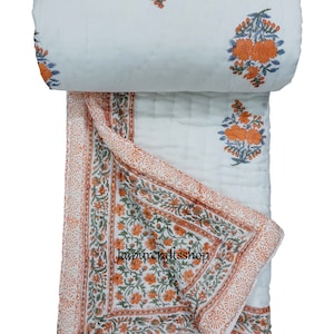 Hand Block Print Indian Ethnic Cotton Light Weight Reversible Quilt, Kantha King-Queen Throw Floral Printed Handmade Blanket Coverlet