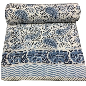Indian Dohar Quilt Hand Block Print Throw Reversible Blanket Queen Bedspread Bed Cover Throw Quilt Queen Size Quilt