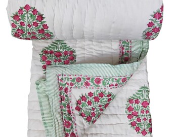 Hand Block Print Cotton Quilt, Reversible Jaipuri Rajai, Queen-King
