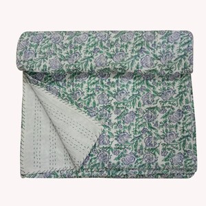 Handmade kantha quilt, kantha block print quilt, indian cotton blanket kantha bedspread throw floral printed quilt queen