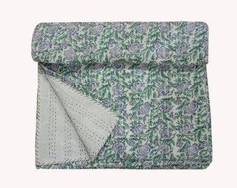 Edredón Kantha floral hecho a mano, colcha de algodón indio (223 x 269 cm)