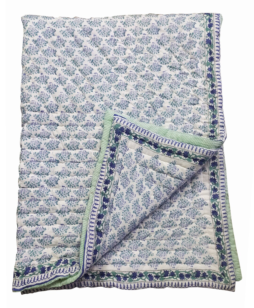 Hand Block Print Cotton Kantha Quilt Reversible Floral Razai Etsy