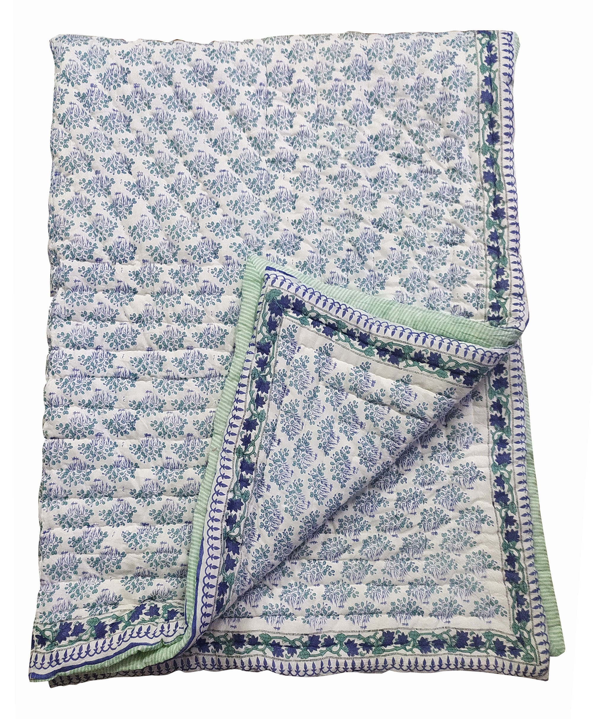 Indian Hand Block Print Cotton Quilts Kantha Floral Quilt, Indian Handmade Reversible Jaipuri Razai,Quilt Blanket