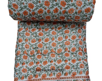 Floral Jaipur Quilt, Hand Block Print Cotton Kantha, Reversible Queen Bed Cover