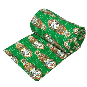 Kantha quilt queen, handmade indian kantha thrrow blanket, cotton kantha quilt, indian blanket green printed kantha queen size