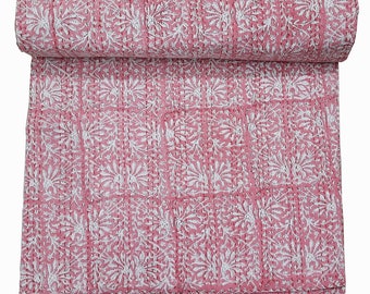 Hand Block Print India Quilt, 100% Cotton Soft Handmade Blanket Decor Bedspread Queen Quilt Pink Block Printed Bed Cover