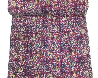 Edredón Kantha Queen hecho a mano: manta de algodón indio, cosida a mano