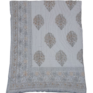 Grey Hand Block Print Quilt, Kantha Quilt Kantha Bedspread Vegetable Dye Reversible Kantha Blanket Comforter Handmade Throw