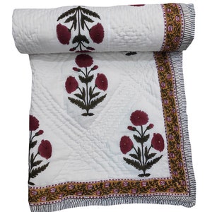Indian Hand Block Print Cotton Quilts Kantha Floral Quilt, Indian Queen King Size Handmade Reversible Blanket