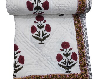 Indian Hand Block Print Cotton Quilts Kantha Floral Quilt, Indian Queen King Size Handmade Reversible Blanket
