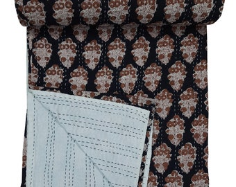 Edredón Kantha de algodón con estampado de bloques - Cosido a mano (88 x 106 pulgadas)