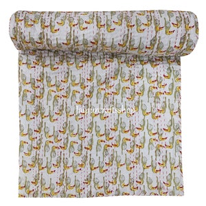 Bird Print Hand Block Quilt, Indian Cotton Kantha Jaipur Quilt Throw Blanket Handmade Quilt Queen Size Bed Cover